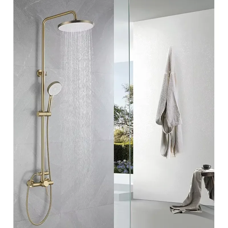Rain Shower System Set 2 Function Stainless Steel 304 Ss Bathroom Column 2 Way Mixer Brushed Gold 10 Inch Shower Head Large
