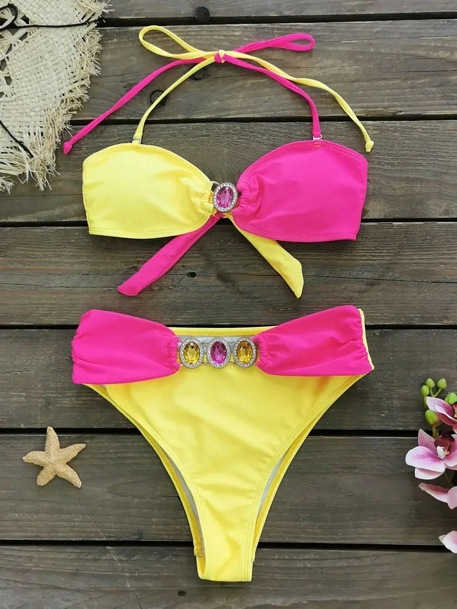 Backless Halter Bikini Set Women Swimsuit Sexy Triangle Color Match Lady Beachwear 2024 Summer Trend Bathing Suit Female Clothes