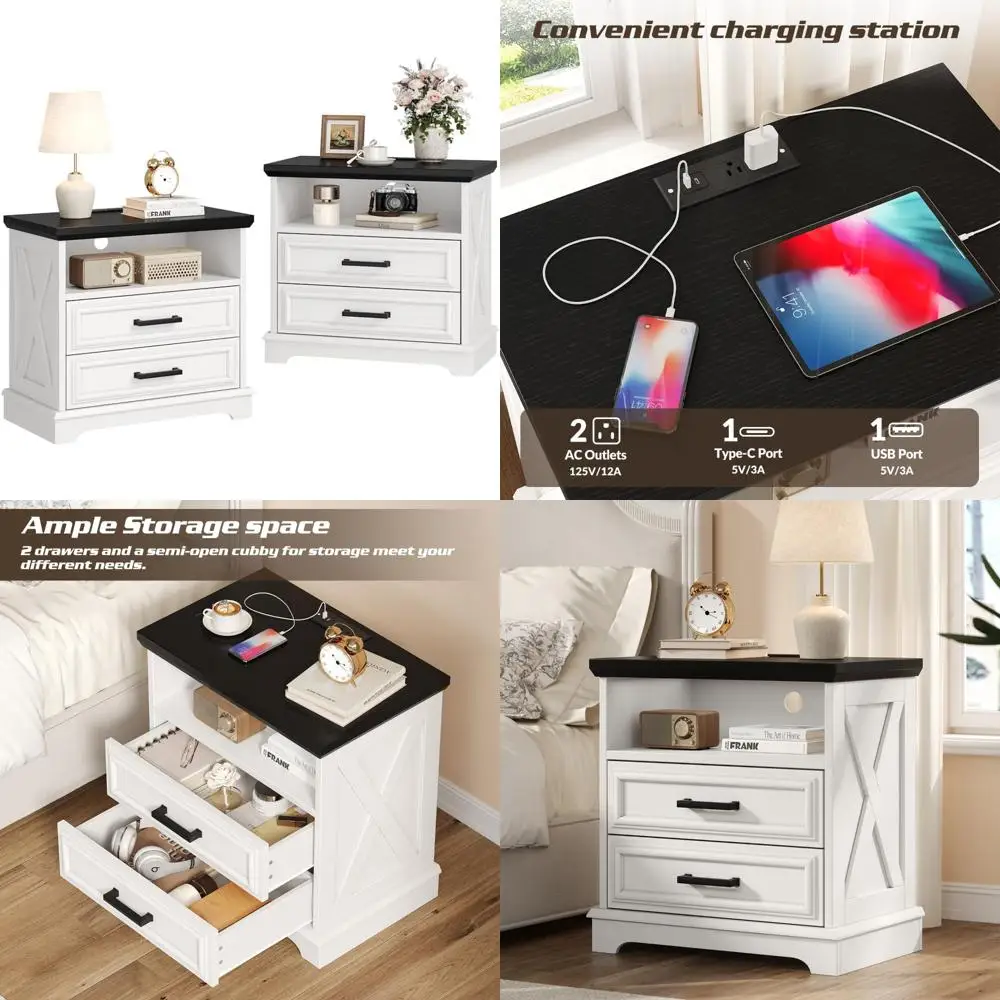 

Пара 24-широких белых тумбочек для фермерского дома с зарядными станциями и большими ящиками, деревянный торцевой столик в деревенском стиле