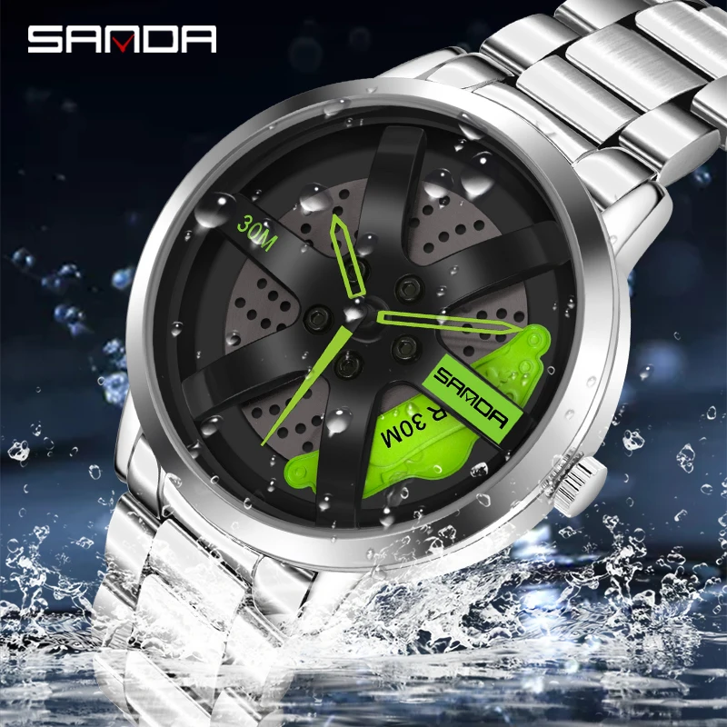 SANDA 1075 Men Fashion Car Wristwatch 360 Degree Rotating Wheel Rim Dial Watches Stainless Leather Waterproof Sport Quartz Clock