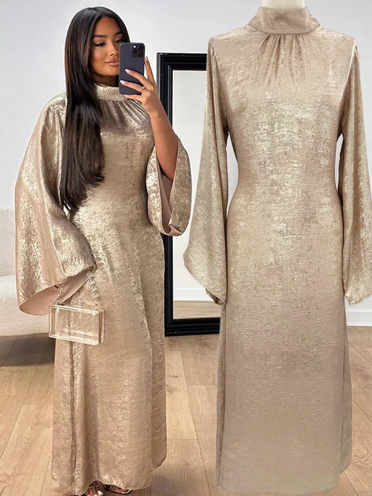 

Elegant Abaya Sequined Gold Long Dress Modest Islamic Evening Gown Dubai Moroccan Metallic Kaftan Plus Size Ramadan Party