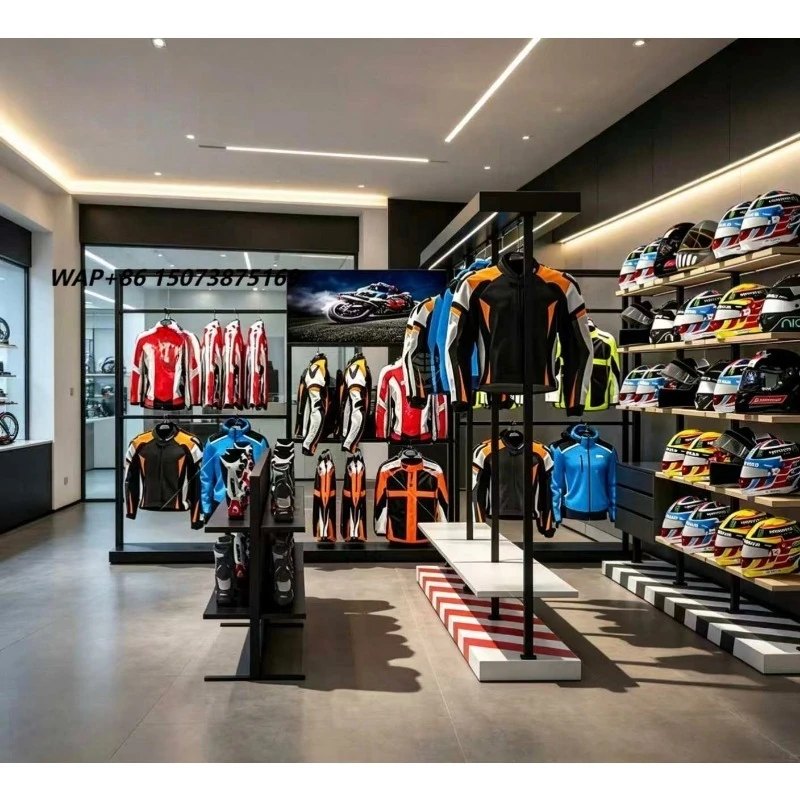 Custom Modern Motorcycle Gear Shop Fitting Racing Suit Helmet Display Stand Rack LED Store Fixtures