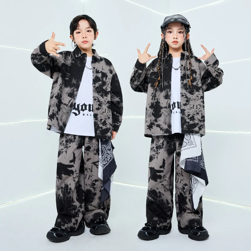 Hip Hop Dance Costume Children Black Gray Stage Suit Jazz Performance Wear Long Sleeve Shirt Loose Pants Street Dancewear 3059