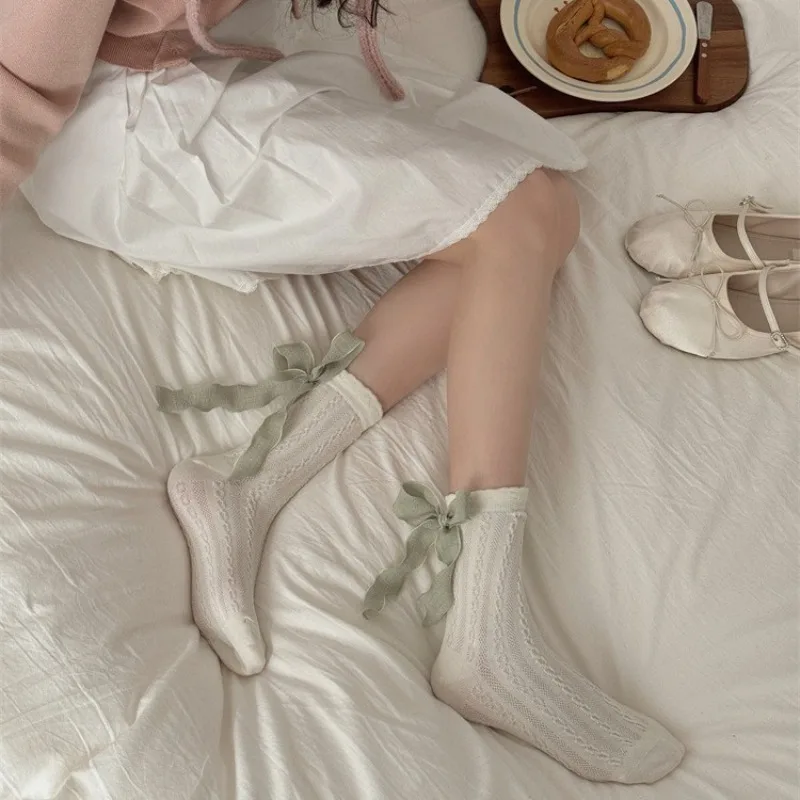 Kaus Kaki Wanita Stoking Pita Warna Solid Kaus Kaki Tabung Sedang Wanita Warna Polos Pita Wanita Stoking Lolita Manis