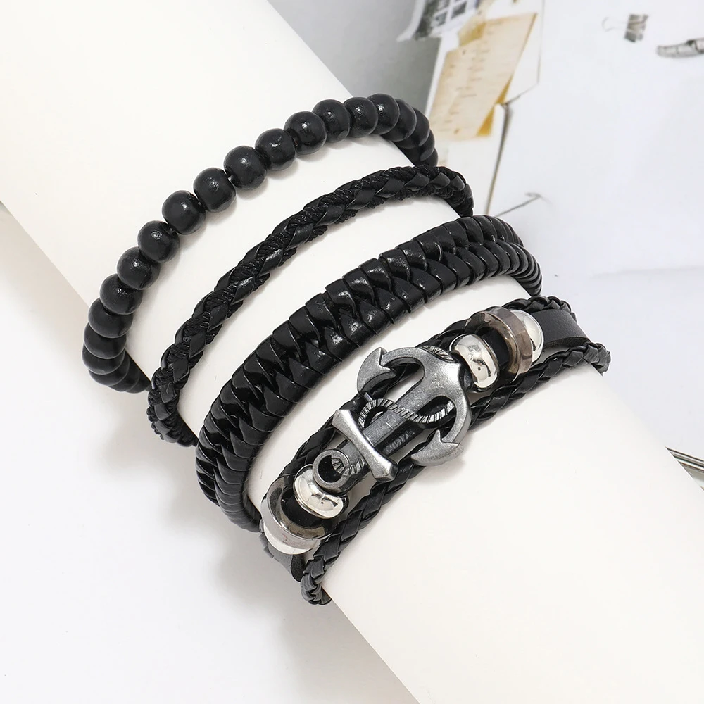 Leather Bracelet For Men Simple Marine Adventure Spirit Bracelets, Hand-Woven Leather Bracelets Rudder Alloy