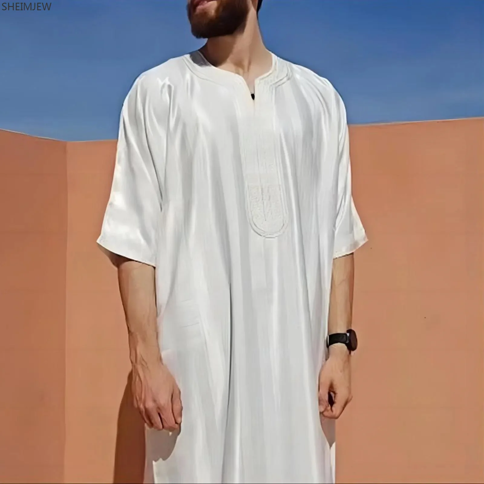 Nieuwe Geborduurde Lange Gewaad Mannen Islamitische Kleding Mode Moslim Arabische Effen Moslim Gewaad Marokkaanse Kaftan Eid Gebed Kostuums