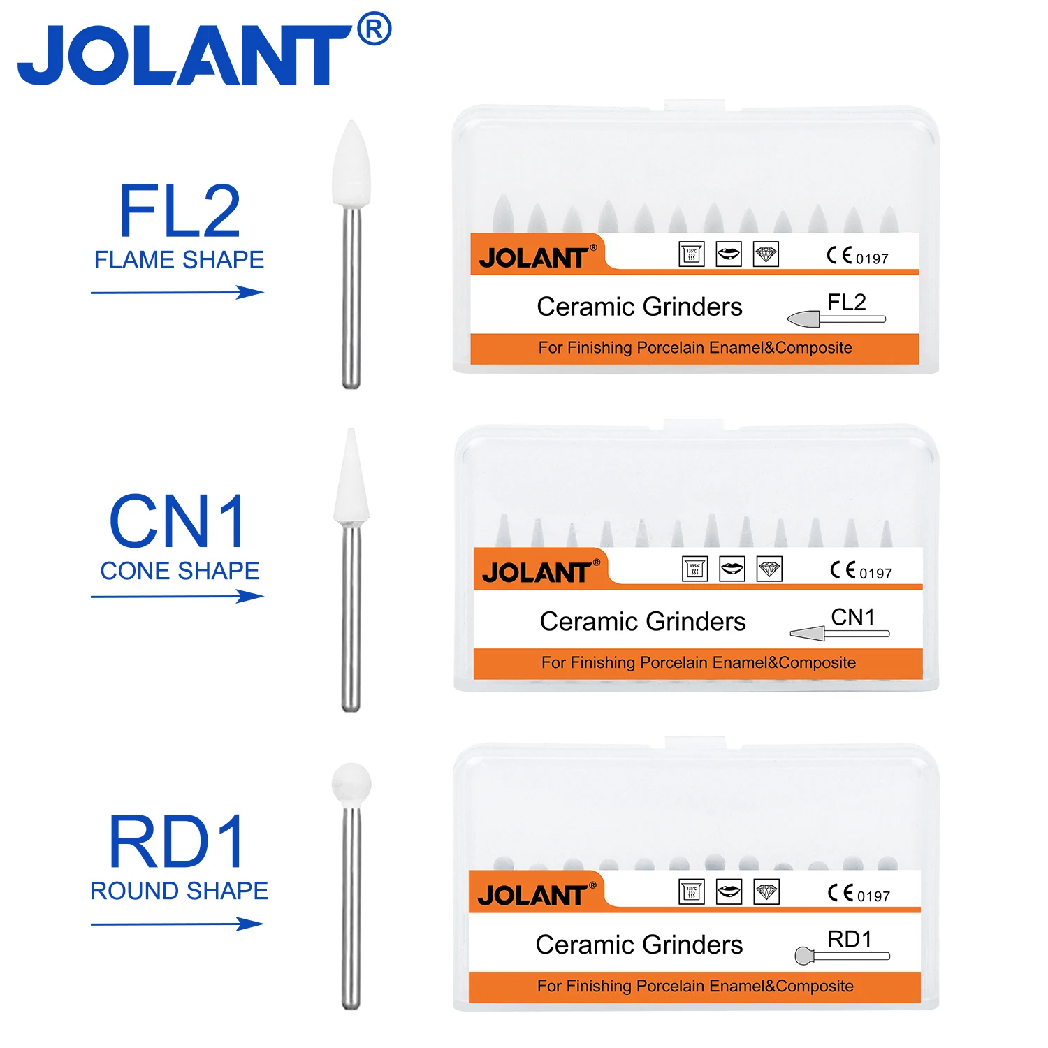 Jolant หัวกรอหินขัดฟันสีขาว12ชิ้น/กล่อง, กรวย/เปลวไฟ/รูปทรงกลมหัวกรอเหมาะสำหรับด้ามจับความเร็วสูง1.6มม.