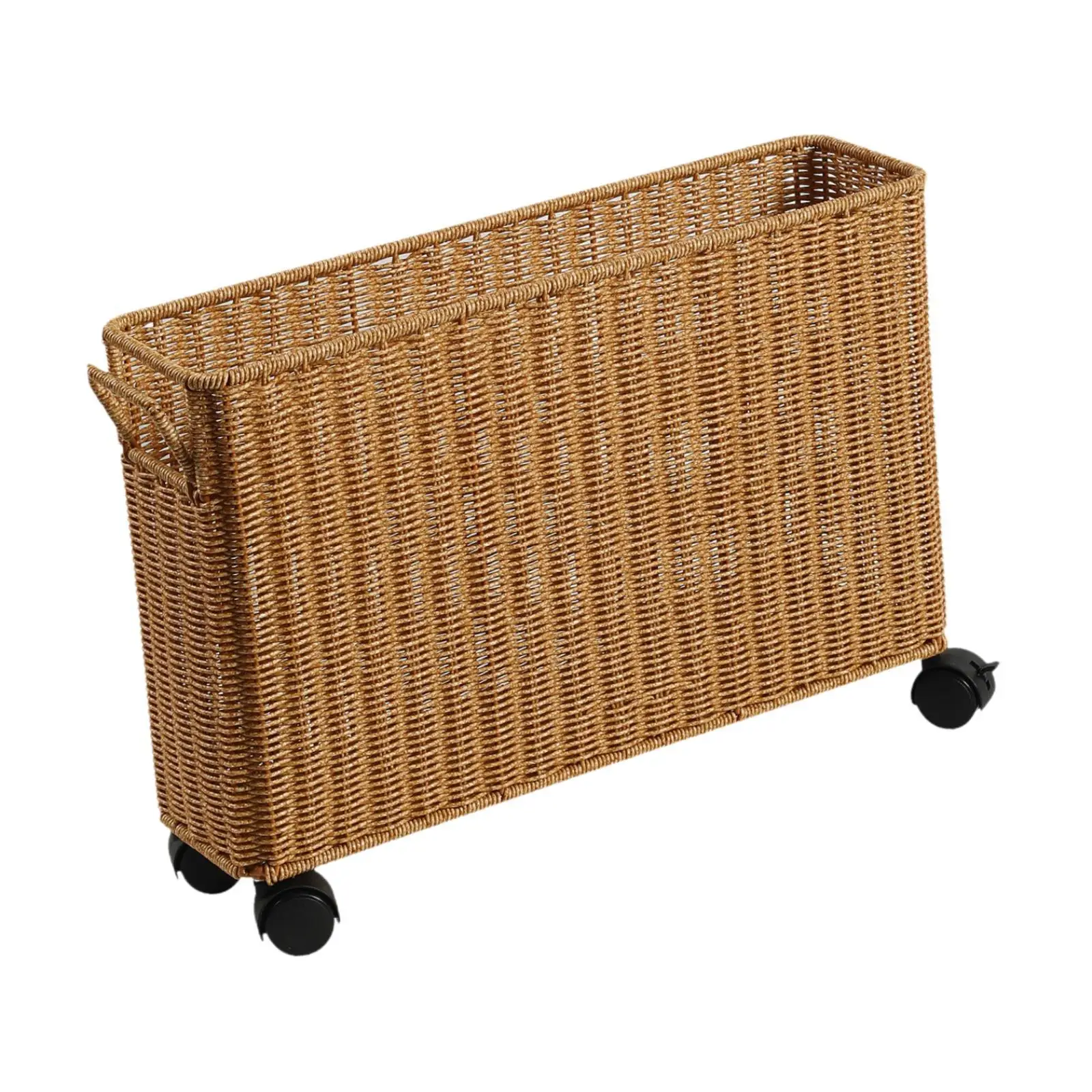 Plastic Woven Storage Basket with Handle Narrow Magazine Rack Organizer Storage Bin for Study Home Accessories