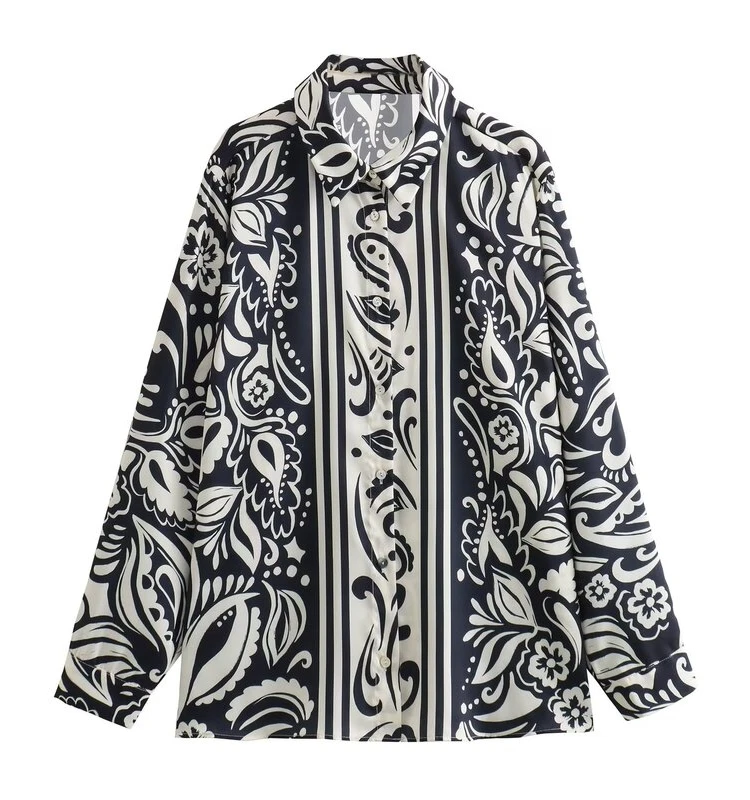

Silk Satin Long Sve Printed irt Women's Autumn New Sle Slimming Versatile Ne Single Button UK Sle Commute irt