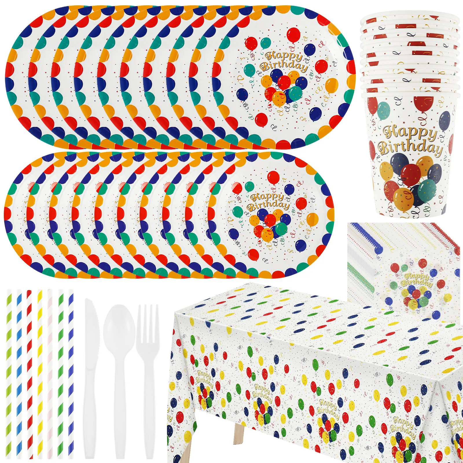 106Pcs Party Supplies Tableware Set Colorful Birthday Dinnerware Set with Paper Plates Cups Straws Cutters Forks Spoons Napkins