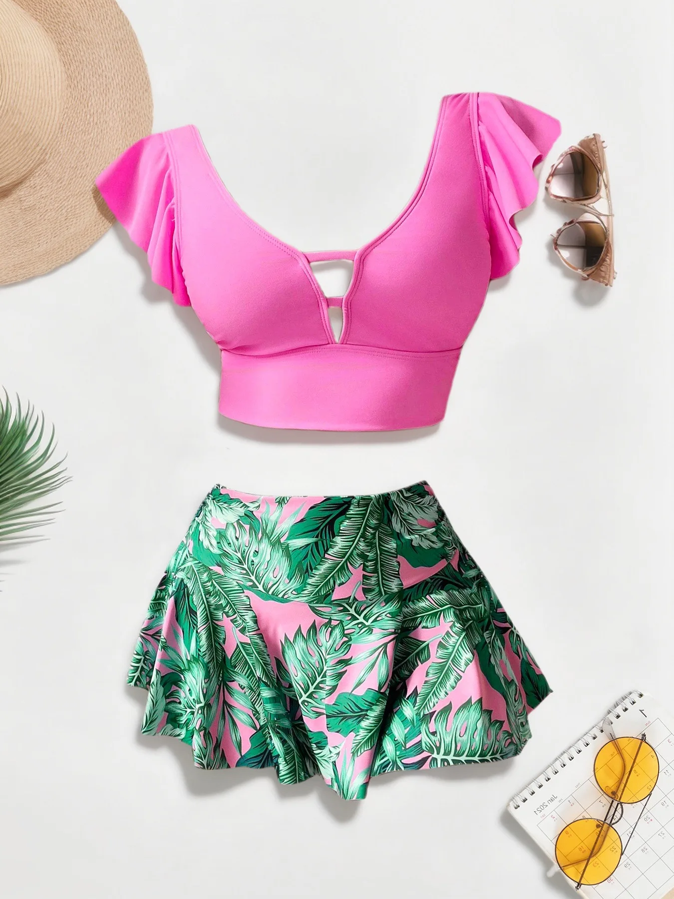Summer Tropical Print Bikini Set Sexy V Neck Two Piece Swimwear High Waist Beach Swimsuit Holiday Outfits Female Ropa Beachwear