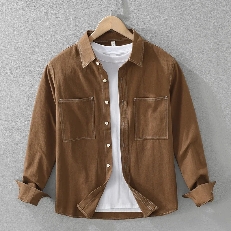 Camisa informal de manga larga estilo Safari para hombre, moda para actividades al aire libre, Color sólido, ropa que combina con todo, novedad de otoño 2024