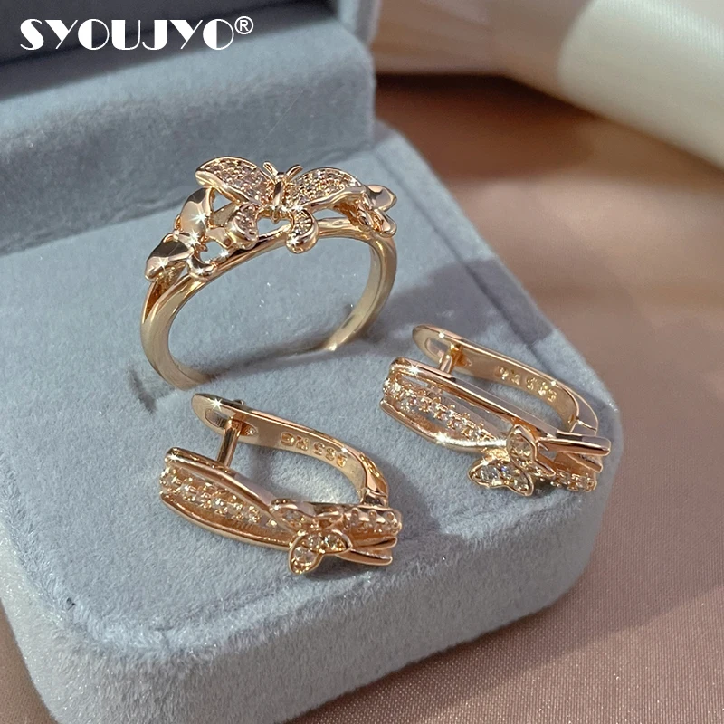 SYOUJYO Shining Butterfly Zircon Earrings Ring Sets For Women 585 Rose Gold Bride Wedding Jewelry Sets Romantic Gift For Girl