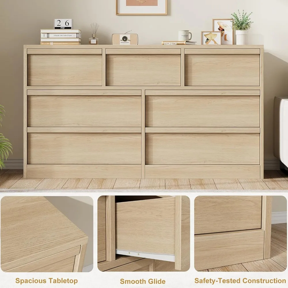 7 Drawer Dresser for Bedroom, Modern Double Dresser Organizer with 7 Drawers Large Storage, Wooden Chest of Drawers for Bedroom