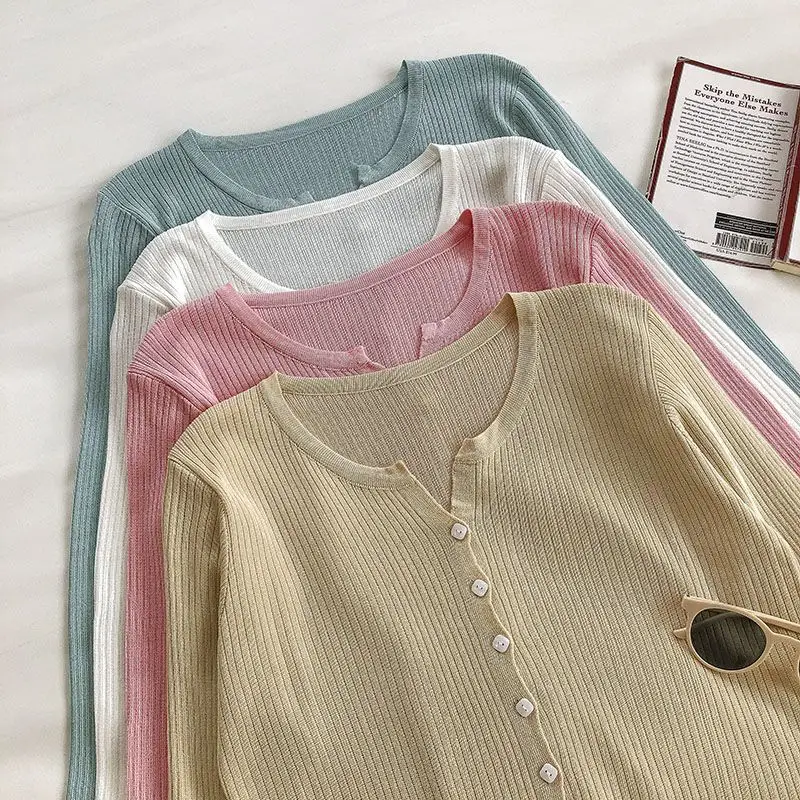 Rimocy Sweet Candy Color Knitted Cardigan Women 2024 Korean Long Sleeve Sun-proof Sweater Woman All Match Round Neck Cardigans