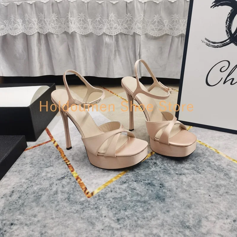 

Luxurious Silk Square Toe Cross Straps Women's Platform Sandal Adjustable Ankle Strap Buckle Stiletto Sandal Elegant Dress Shoes