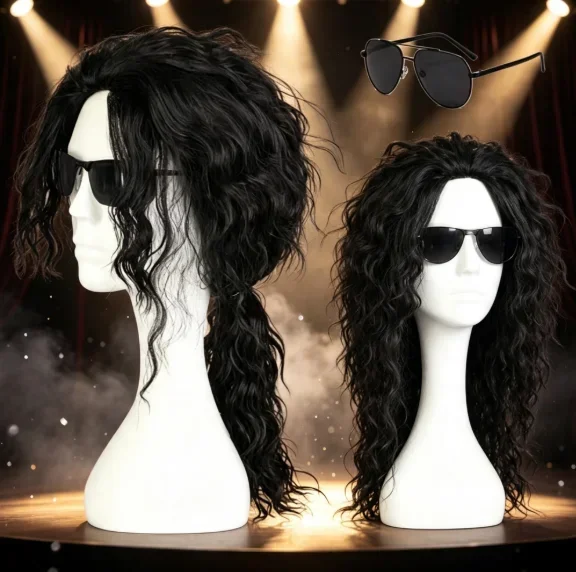 Anime Michael Jackson Cosplay Michael Cosplay Black Wig Michael Role Play Medium Long Curly Black Hair Wig Halloween Cos Wigs