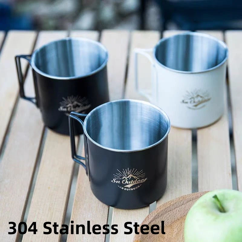 

Outdoor Camping Picnic Portable 304 Stainless Steel Mug Coffee Juice Wide Mouth Beer Mugs Mountaineering Foldable Handle