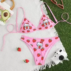 2Pcs Kitty Bikinis Set Kawaii Swimsuit New Sexy Women 2024 Bikini Summer Y2k Strappy Panties Adjustable Swimwear Beachwear