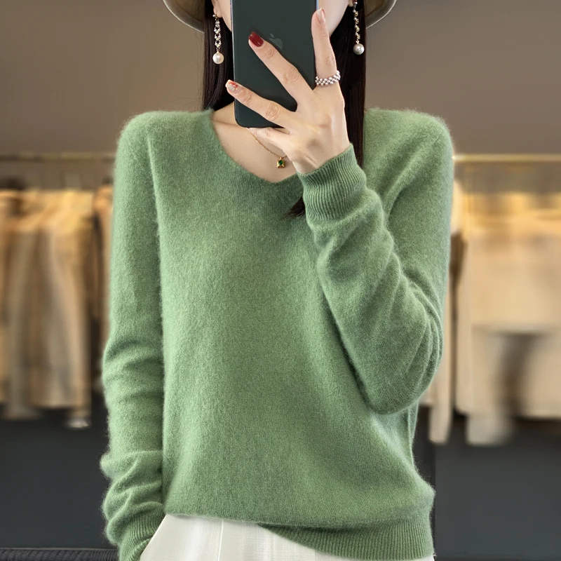 Suéter de Cachemira de lana pura para mujer, jersey con cuello en V, jersey de fondo de moda, Top de manga larga de punto informal, Color sólido,