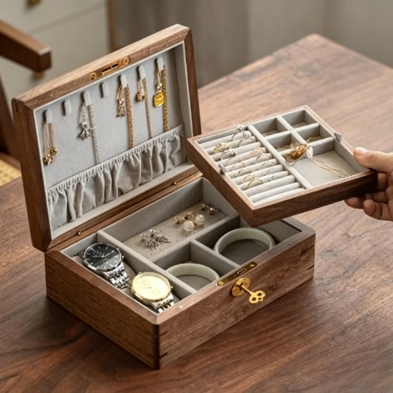 Lockable Jewelry Box Solid Wood Jewelry Cases Ring Necklace Bracelet Storage Case Vintage Multifunctional Watch Organizer Boxes