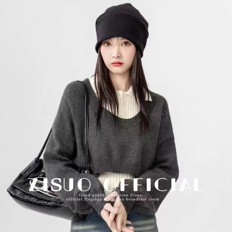 FIGOHR 2024 Women's New Korean Knitted Sweater Short Knitted Fake Two Piece Collar Knitted Sweater Autumn Winter