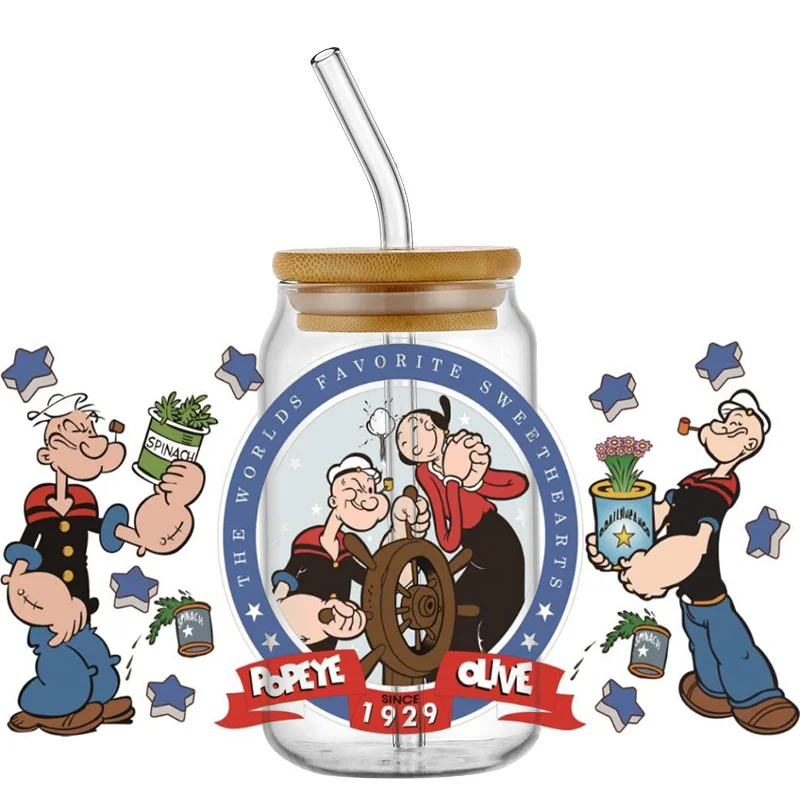 Miniso Cartoon Popeye UV DTF Cup Wrap For 16oz Libbey Coffee Glass Can Cup uvdtf Wrap Car Sticker Easy peel DIY Wholesale