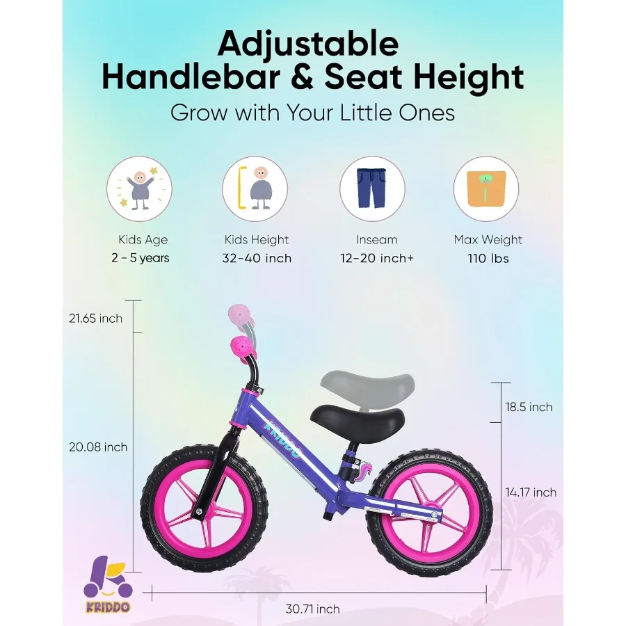 Balance Bike per bambini di 2 anni Balance Bike per 2-5 anni Doppio cuscinetto per una guida più liscia Adorabile piastra sedile regolabile