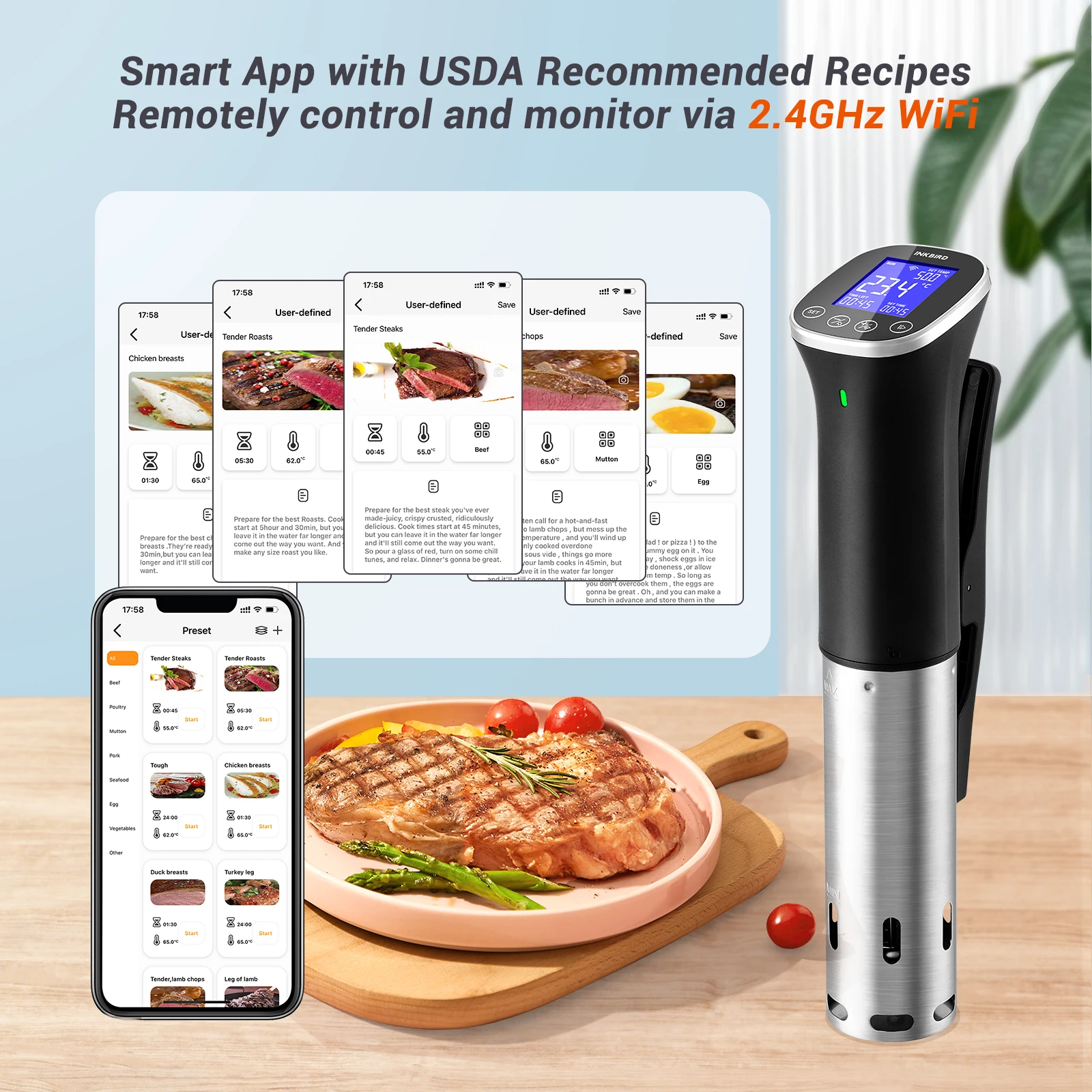 INKBIRD ISV-300W WiFi Sous Vide Cooking IPX7 Waterproof Sous Vide Cooker with Recipes, Alarms, Timer, Booking Function Free App