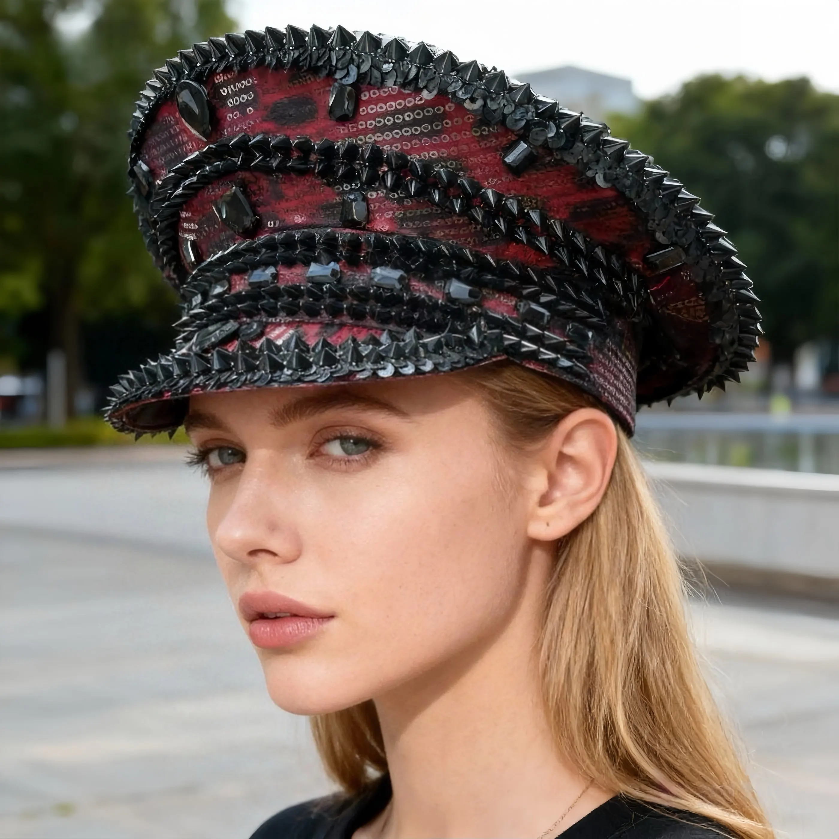 

HongLuan Red Leopard Диско-музыкальный фестиваль Капитанская шляпа со стразами для карнавала, Rave Festivals Аксессуары и вечерние шляпы для женщин