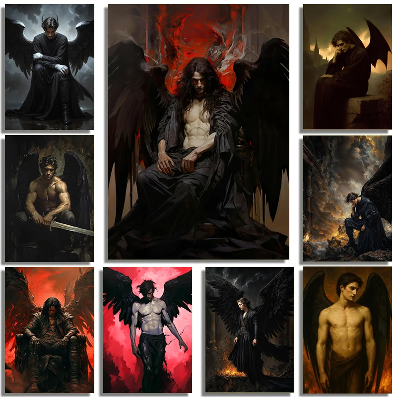 1pc frameless Dark Gothic Fantasy Hell Mythology Satan Devil Fallen Angel Bible pagan Portrait Poster Canvas    Wall ation