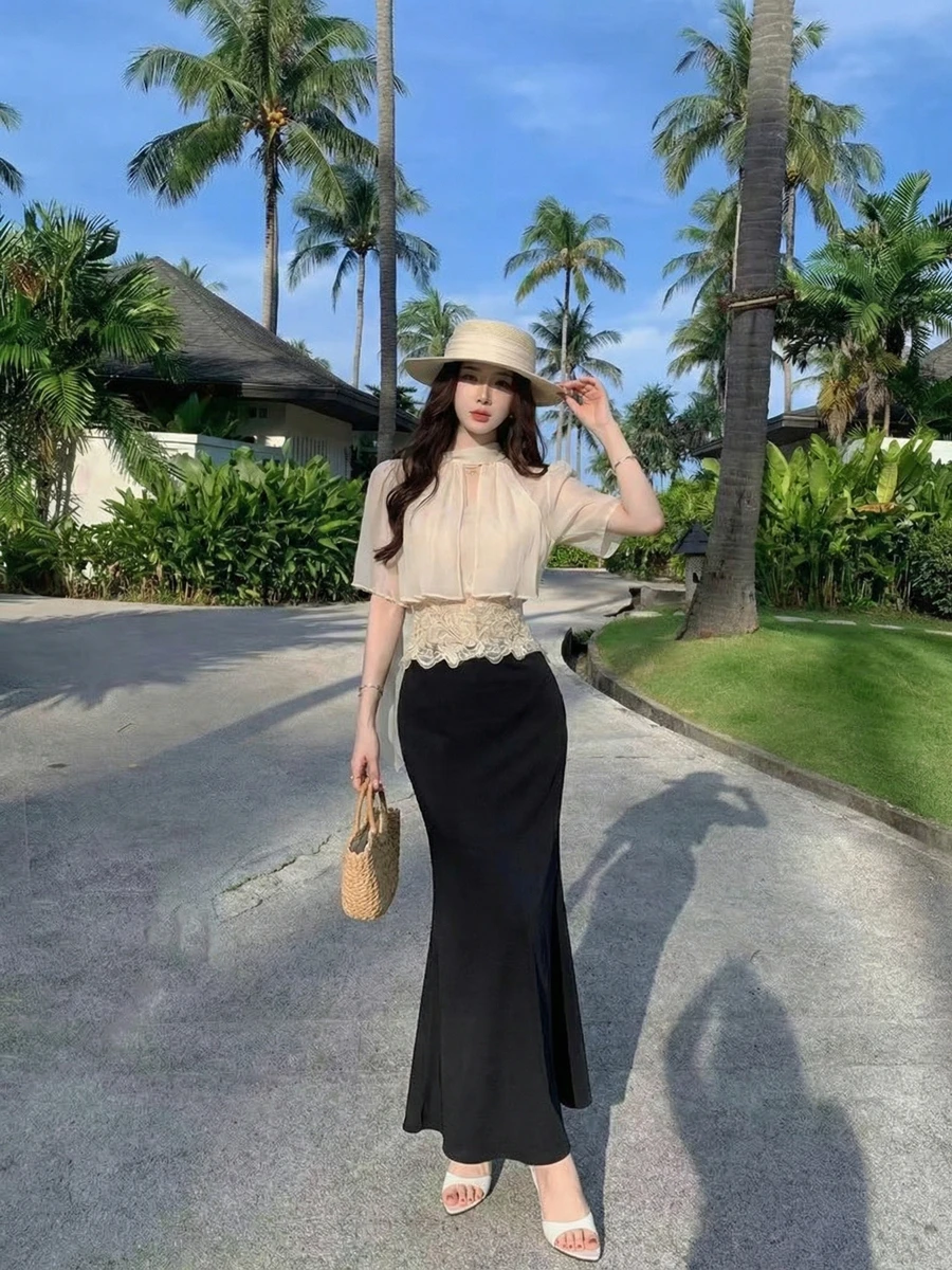 

Kumikumi Pure Desire Lace Patchwork Short Sleeve Shirt And High Waist Bodycon Skirt Two Piece Set Women Summer Slimming Outfit