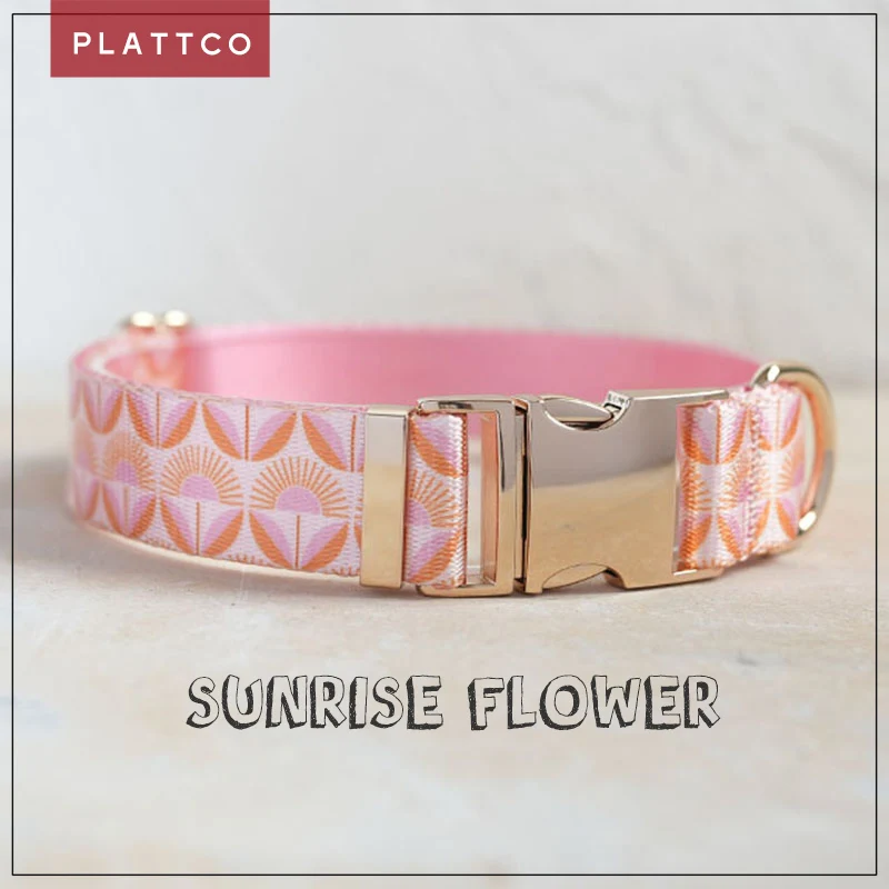 PLATTCO unique design dog collar print Sunrise Flower pattern with high quality light color zinc alloy buckle 5 size PDC350G