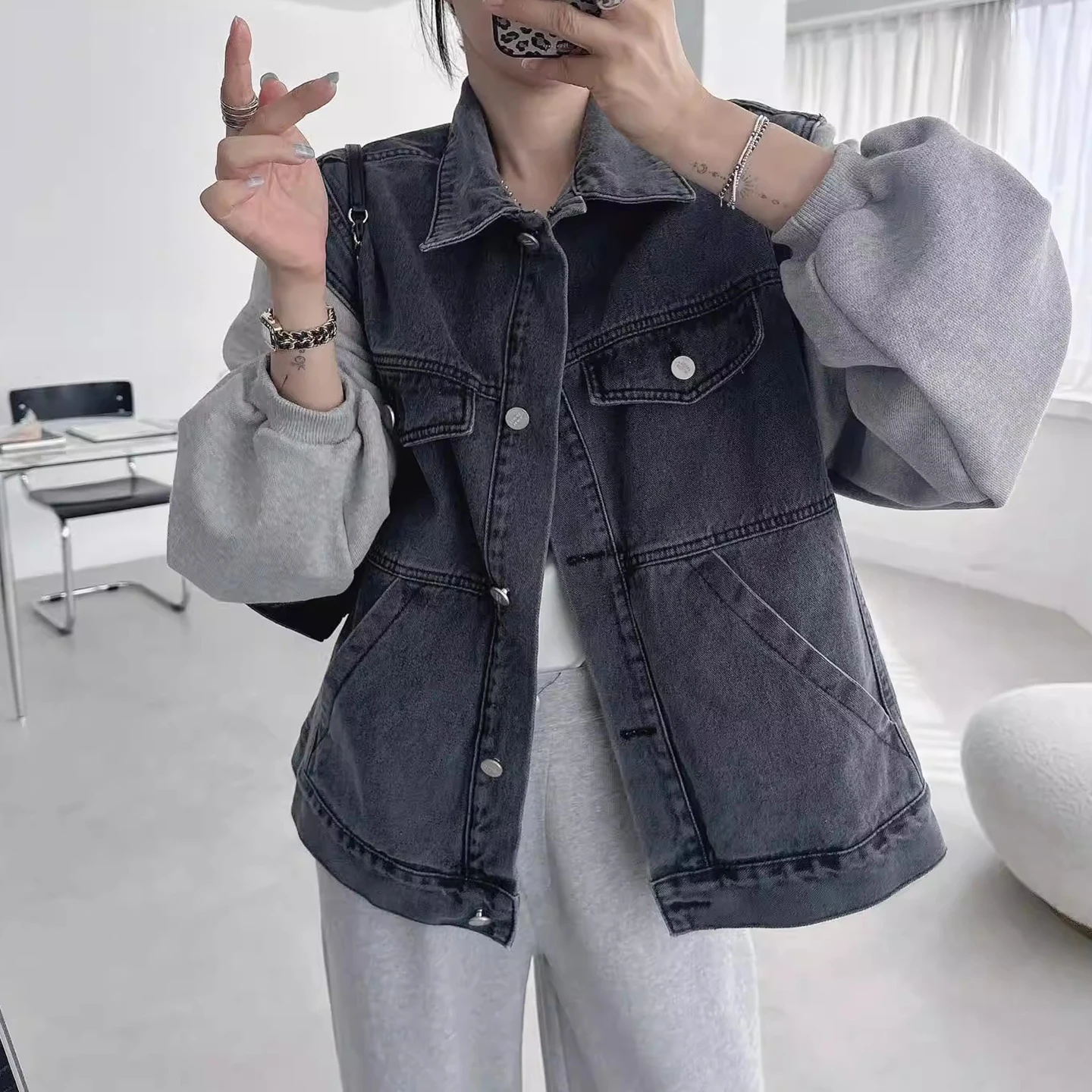 

Шикарное осеннее новое свободное женское джинсовое платье в стиле ретро с цветным дизайном Blo, длинное модное женское пальто све