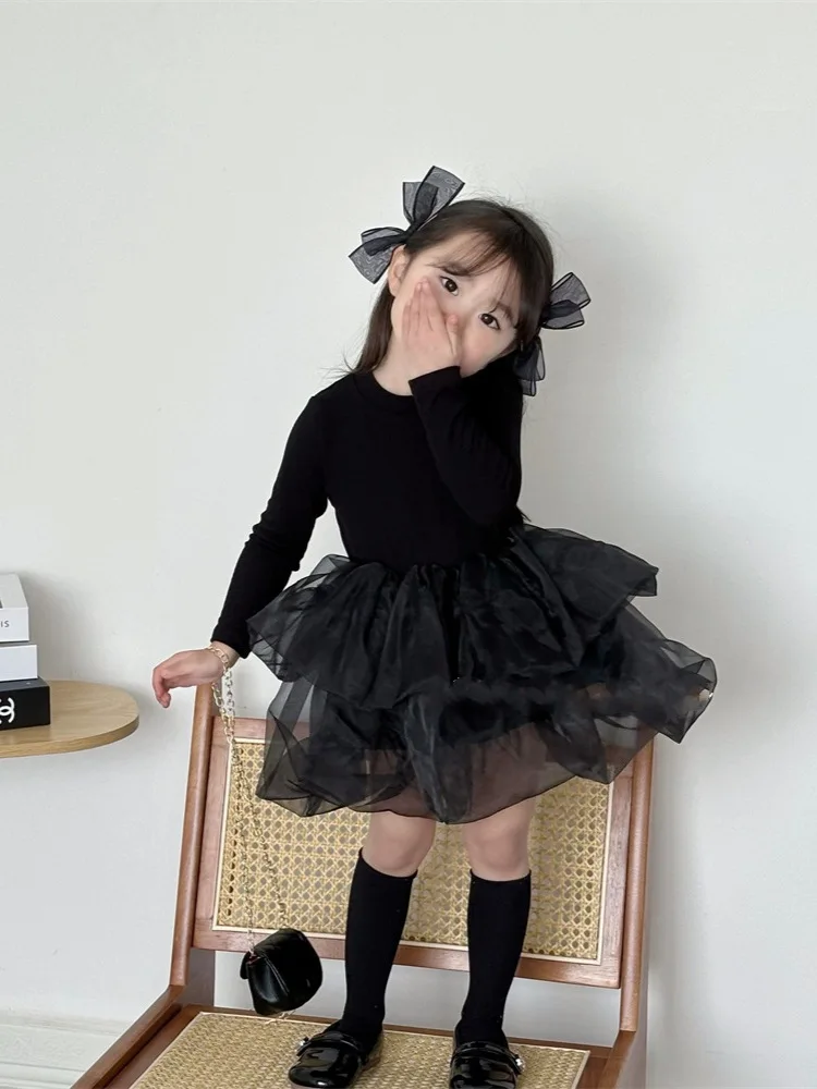 

Girls' Long Sleeve Little Black Dress2025Autumn New Puffy Princess Dress Children's Elegant Mesh Birthday Dress
