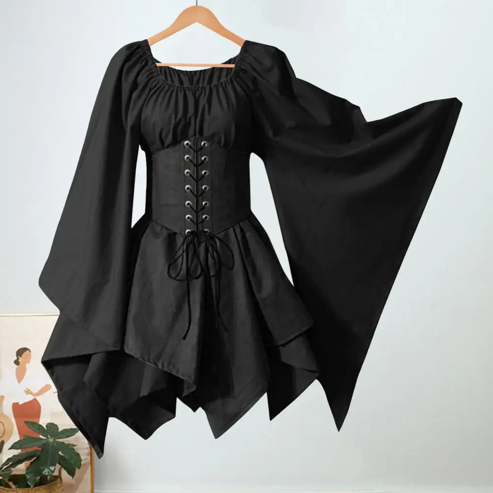 فستان نسائي بأكمام طويلة من القرون الوسطى عتيق زي قزم الجنية بأكمام جرس وخصر عتيق فستان نسائي مرقع لجميع القديسين