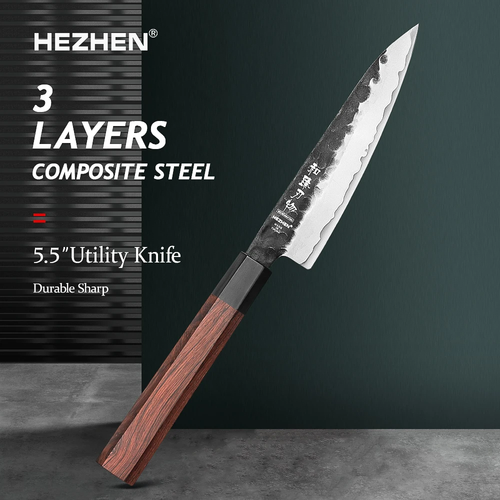 HEZHEN 5.5 Inch Utility Knife 3 Layers Clad Steel 10Cr15CoMov Composite Stainless Steel Kitchen tools Cooking Knives