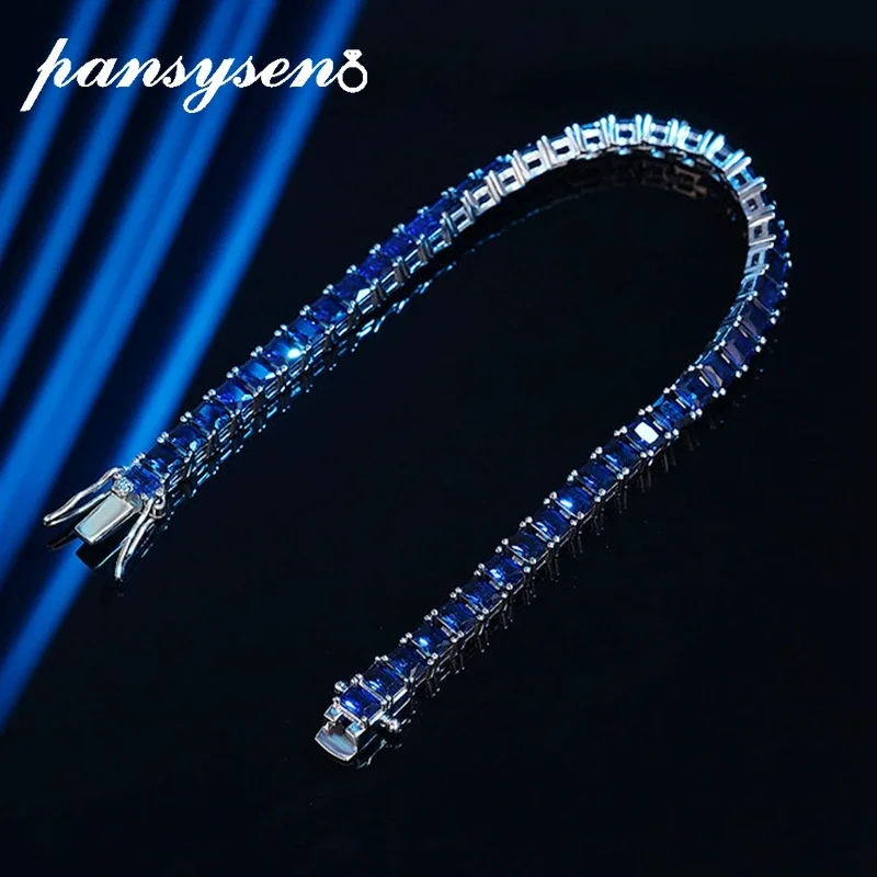 PANSYSEN Vintage 100% 925 Sterling Silver Sapphire Gemstone Charm Bracelets for Womem Men Anniversary Party Fine Jewelry Gift