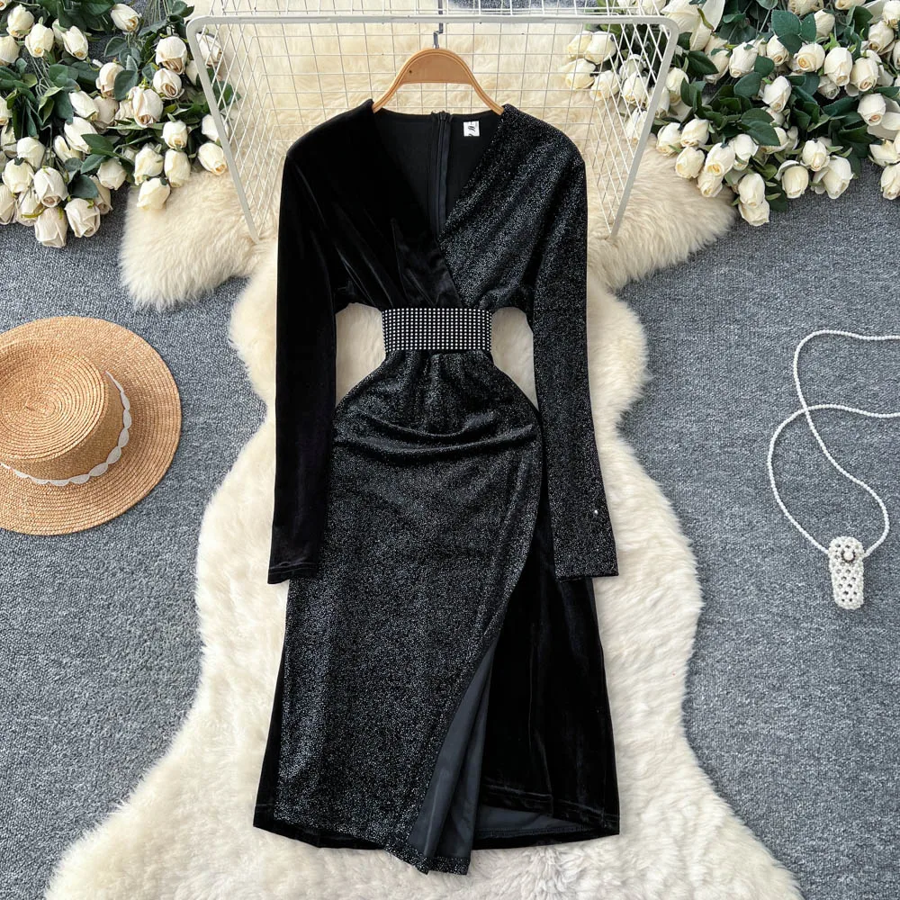 Vestido de fiesta de noche de terciopelo empalmado de manga larga vintage elegante vestidos de ceremonia de calle alta para mujer
