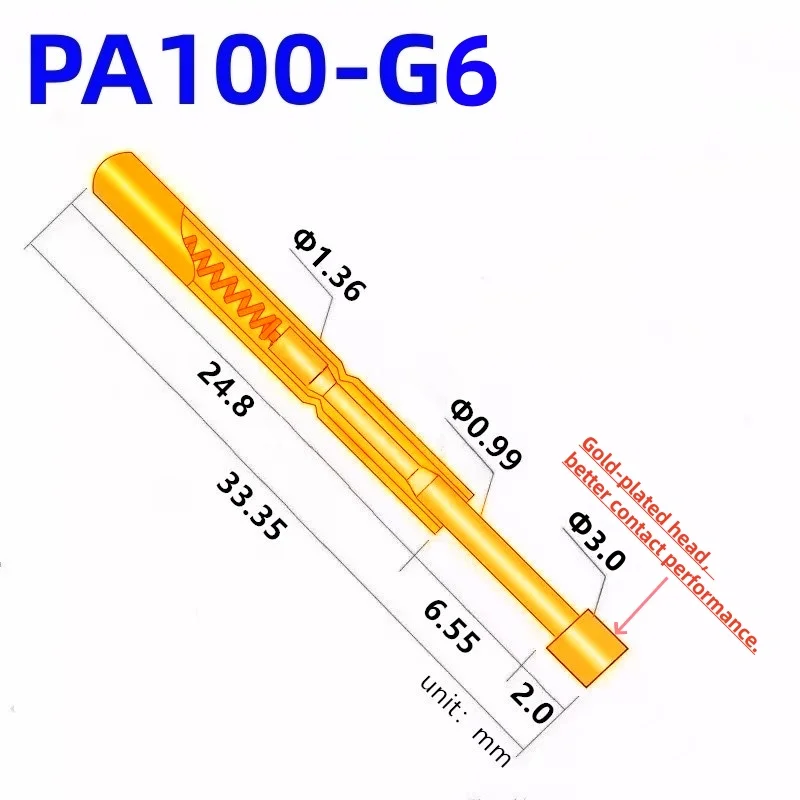 100PCS PA100-G6 Spring Test Probe PA100-G Test Pin P100-G P100-G6 Test Tool 33.35mm 1.36mm Needle Gold Tip Dia 3.0mm Pogo Pin