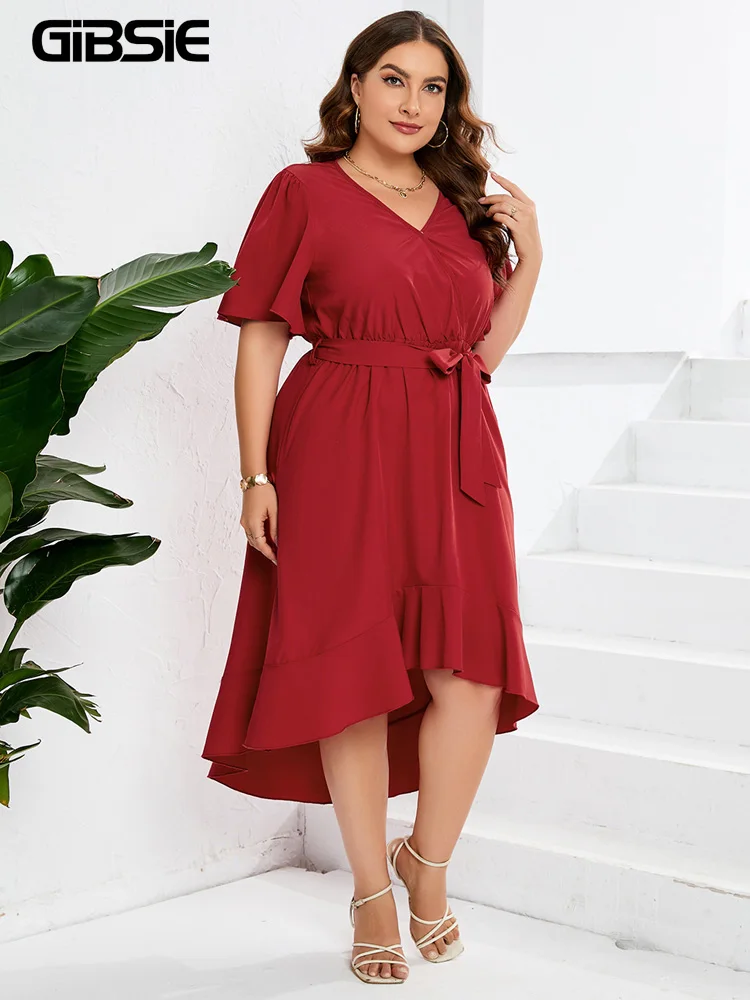 GIBSIE Plus Size Surplice Neck Belted High Waist Ruffle Hem Dress Women Summer Short Sleeve Pockets Asymmetrical Long Dresses