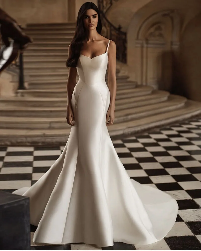 

Customized Vestido De Novia Princesa Pedrería Lujo Spaghetti Strap Sleeveless Satin Mermaid Wedding Dress