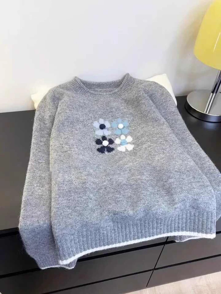 

Korean Style Grey Sweater Women Spring/Autumn New O-Neck Long Sleeves Printting Knitted Pullovers Gentle Elegant Knitwear Tops