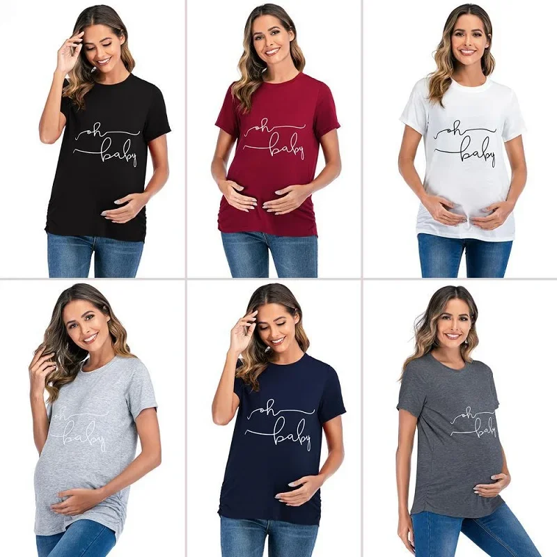 

Summer Maternity Clothing Plus Size Maternity T-shirt Tops Short Sleeve Pregnancy Shirt Side Ruched Letter Casual Clothes S-3XL