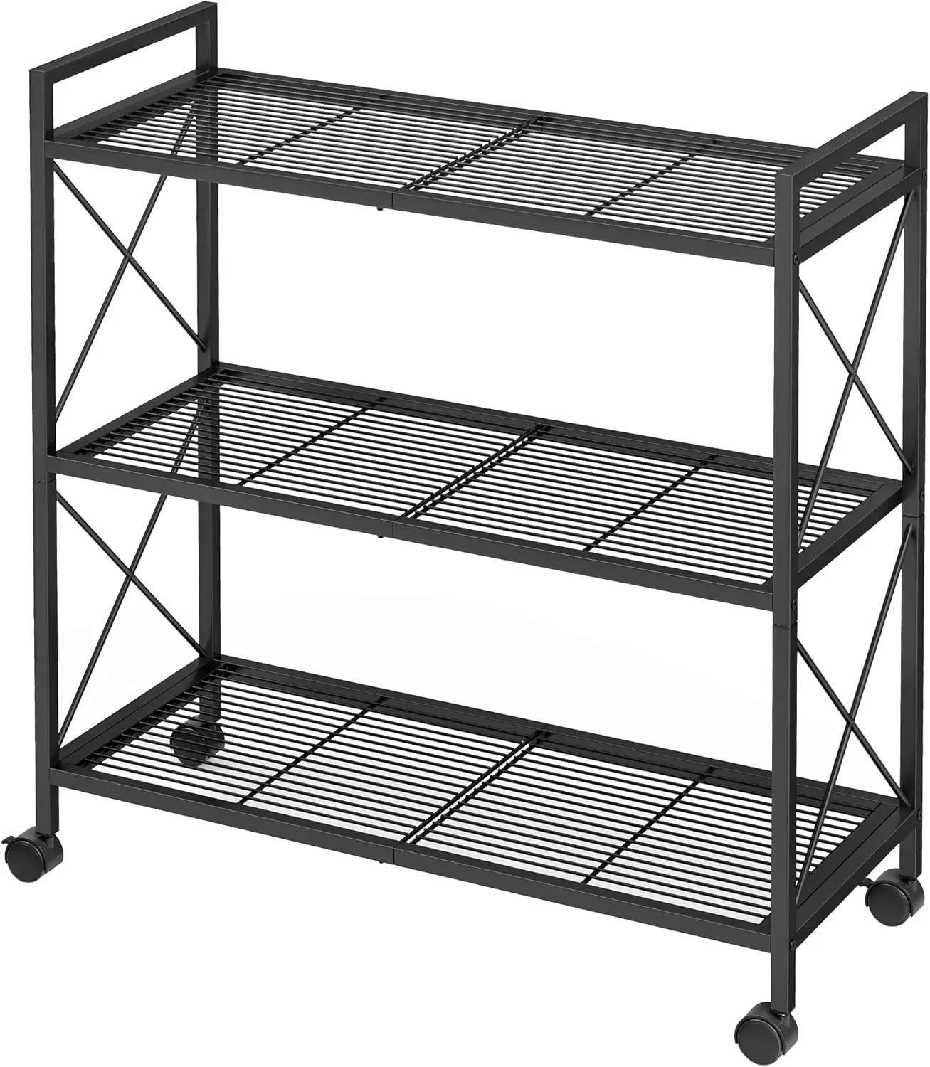 

3-Tier Metal Storage Rack with Wheels, Mesh Shelving Unit with X Side Frames, 31.5-Inch Width, for Entryway, Kitchen, Black