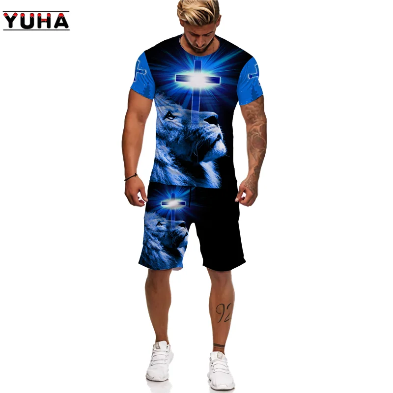 YUHA,Summer 3D Lion Cross Printed Men\'s T-shirt/Shorts/Suit Short Sleeve Jesus Love Everone Christian Street Wear 2 Pcs