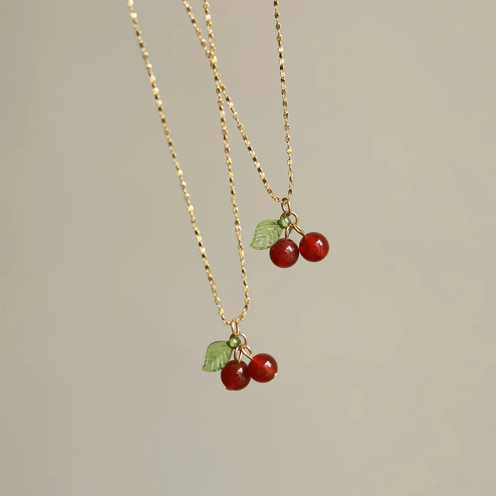 316L Stainless Steel Cherry Necklace Natural Stone Beads Pendant Chain Necklace Women\'s Fashion Wedding Jewelry Birthday Gift