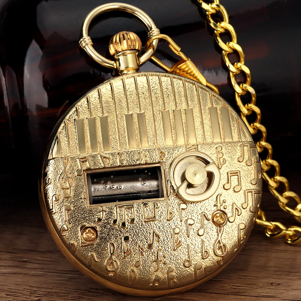 Luxury Golden Music Pocket Watch Black Epoxy Case Quartz Pendant Pocket Watches Musical Movement Hand Crank Playing Music Clocks