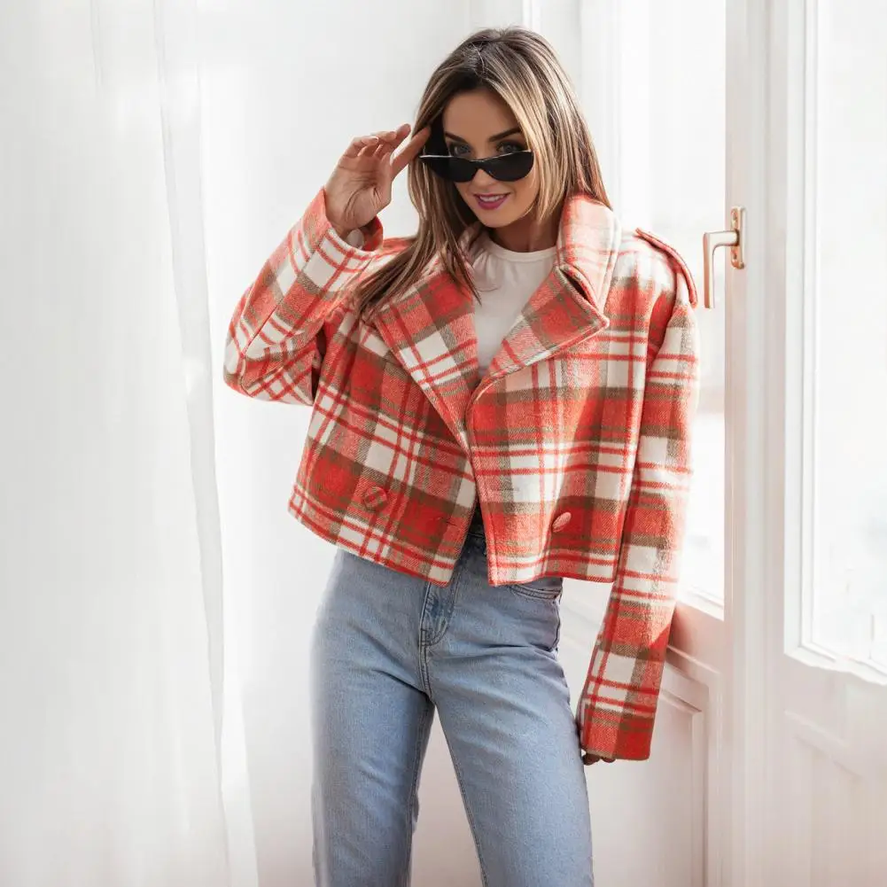 Retro Style Short Jacket Plaid Print English Style Women's Cardigan Coat with Button Decor Fall Winter Outerwear for Women