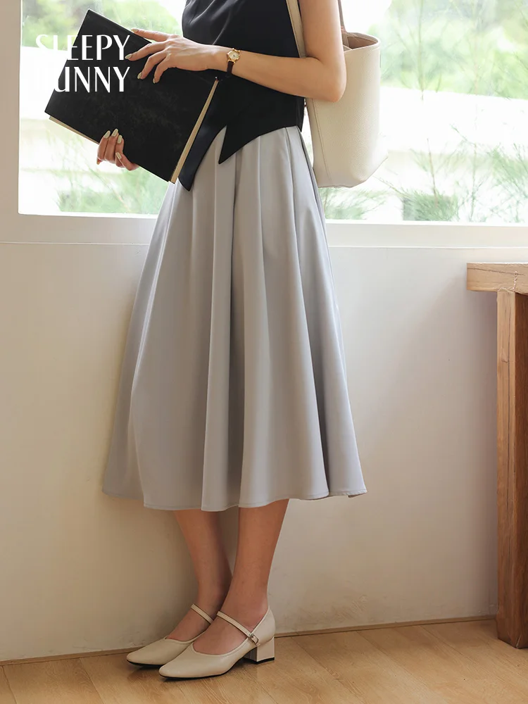 High Waist Pleated A-Line Midi Skirt Women Summer Commuter Style Flowy Flared Skirt Petite Friendly Slimming Casual Office Skirt